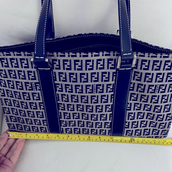 Fendi VINTAGE Boston Bag Zucchino Pattern Gray and Navy Blue Authentic - Picture 4 of 17